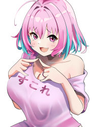 Rule 34 | 1girl, ahoge, blue hair, breasts, clothes writing, collarbone, dot nose, fang, hair intakes, hands up, idolmaster, idolmaster cinderella girls, index fingers together, looking at viewer, mitche, multicolored hair, open mouth, pink eyes, pink hair, pink shirt, raised eyebrows, shirt, short sleeves, simple background, single bare shoulder, two-tone hair, upper body, white background, yumemi riamu