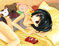 Rule 34 | 1girl, autumndark, bare shoulders, bed, black hair, brown eyes, camisole, looking at viewer, lying, midriff, on side, pillow, pocky, short hair, solo, strap slip, stuffed animal, stuffed rabbit, stuffed toy, teddy bear