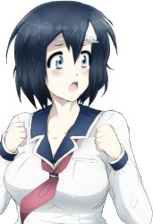 1girl absurdres black_hair blood_lad blue_eyes blush breasts female_focus ghost highres large_breasts non-web_source open_mouth school_uniform self-upload short_hair solo teeth tongue triangular_headpiece yanagi_fuyumi