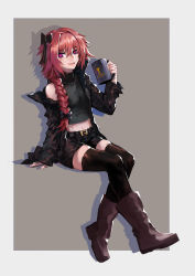 Rule 34 | 1boy, :d, absurdres, arm support, astolfo (fate), belt, black belt, black bow, black jacket, black shirt, black shorts, black thighhighs, blush, boots, border, bow, braid, brown footwear, buckle, commentary request, covered collarbone, crop top, fate/apocrypha, fate (series), full body, grey background, groin, hair between eyes, hair bow, hair intakes, hair over shoulder, hand up, heart, heart-shaped pupils, high collar, highres, holding, holding mug, jacket, knee boots, long hair, long sleeves, looking at viewer, male focus, navel, open clothes, open jacket, open mouth, outside border, pink hair, purple eyes, shirt, short shorts, shorts, simple background, single braid, skin tight, skindentation, sleeveless, sleeveless shirt, smile, solo, stomach, symbol-shaped pupils, thighhighs, toned, toned male, trap, turtleneck, white border, xiaozilongjiang, zettai ryouiki