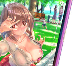Rule 34 | 1boy, 3girls, @ @, ball, blush, bra, bra visible through clothes, bracelet, breasts, breasts out, bright pupils, brown eyes, brown hair, cellphone, cleavage, closed mouth, collarbone, collared shirt, embarrassed, exhibitionism, fake phone screenshot, fake screenshot, female focus, floral print, grass, hair between eyes, hand up, highres, jewelry, large breasts, lod, long hair, looking at viewer, multiple girls, nervous, nipples, open clothes, open shirt, outdoors, park, phone, pink bra, playing, pov, princess connect!, public indecency, red skirt, see-through, shirt, sidelocks, skindentation, skirt, smartphone, soccer ball, solo focus, striped bra, striped clothes, sweat, underwear, wavy mouth, wet, wet clothes, white pupils, white shirt, yui (princess connect!), yui (real) (princess connect!)