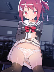Rule 34 | 1girl, black thighhighs, blush, caburi, cameltoe, classroom, closed mouth, clothes lift, collarbone, hair ornament, indoors, lifted by self, long sleeves, looking at viewer, panties, ponytail, red eyes, red hair, school, school uniform, see-through, serafuku, sidelocks, skirt, skirt lift, solo, thighhighs, underwear, wet, wet clothes, wet panties, white panties, white skirt, yuuki yuuna, yuuki yuuna wa yuusha de aru, yuusha de aru