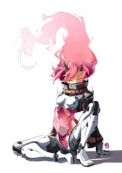 Rule 34 | 1girl, automatic giraffe, bone, breasts, broken horn, closed eyes, commentary, cyborg, emmy (automatic giraffe), floating hair, high collar, highres, horns, long hair, mechanical arms, mechanical horns, mechanical legs, mechanical parts, medium breasts, navel, original, pink hair, see-through body, shadow, signature, sitting, solo, spine, symbol-only commentary, white background