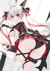 Rule 34 | 1girl, absurdres, ahoge, ass, bent over, black panties, black ribbon, black skirt, blush, breasts, closed mouth, demon tail, demon wings, ear piercing, from behind, hair between eyes, hair ornament, hair ribbon, hand on own knee, highres, index finger raised, large breasts, long hair, looking at viewer, looking back, nyan (reinyan 007), original, panties, piercing, red eyes, red hair, ribbon, single thighhigh, skirt, solo, tail, thigh strap, thighhighs, twintails, underwear, very long hair, white hair, white thighhighs, wings, x hair ornament