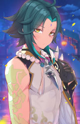 Rule 34 | 1boy, ahoge, arm tattoo, bare shoulders, bead necklace, beads, black gloves, blurry, blurry background, bridge, closed mouth, eyes visible through hair, facial mark, food, food on face, fork, genshin impact, gloves, green hair, highres, holding, holding fork, jewelry, lantern, light green hair, looking at viewer, male focus, medium hair, multicolored hair, necklace, outdoors, paper lantern, ryoutsu, solo, spikes, streaked hair, tassel, tattoo, tight clothes, tofu, wide sleeves, xiao (genshin impact), yellow eyes