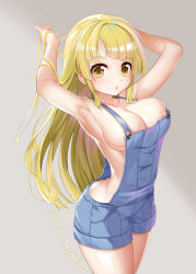 Rule 34 | 1girl, absurdres, areola slip, armpits, arms up, bang dream!, blonde hair, blush, breasts, cleavage, cowboy shot, dopamine70, grey background, highres, large breasts, looking at viewer, naked overalls, no bra, overalls, simple background, solo, standing, straight hair, tsurumaki kokoro, twitter username, yellow eyes
