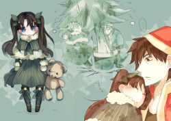Rule 34 | bear, black hair, blue eyes, blush, boots, brown eyes, brown hair, capelet, child, christmas, christmas tree, dress, closed eyes, fate/grand order, fate/stay night, fate/zero, fate (series), gloves, hair ornament, hat, kotomine kirei, long hair, open mouth, pants, pantyhose, ribbon, santa costume, shoes, short hair, sleeping, stuffed animal, tohsaka rin, toy, twintails