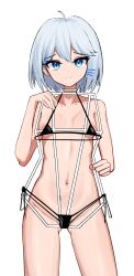 Rule 34 | 1girl, :3, absurdres, bikini, black bikini, blue eyes, blue hair, breasts, clothes in front, cowboy shot, gosegu, hair between eyes, hair ornament, hairclip, healthykim, highres, holding, holding clothes, holding clothes hanger, holding swimsuit, light blue hair, looking at viewer, micro bikini, navel, nipples, nude, short hair, side-tie bikini bottom, simple background, small breasts, smug, solo, stomach, swimsuit, swimsuit hanger, unworn bikini, unworn swimsuit, virtual youtuber, waktaverse, white background