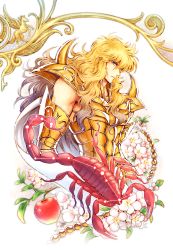 Rule 34 | 1boy, apple, armor, blonde hair, blue eyes, branch, cape, commentary request, constellation, cropped torso, food, fruit, gold armor, gold saint, gradient hair, hair between eyes, kuori chimaki, leaf, long hair, looking at viewer, male focus, multicolored hair, pegasus, saint seiya, saint seiya saintia sho, scorpio milo, scorpion, scorpius (constellation), simple background, solo, sparkle, twitter username, white background, white cape