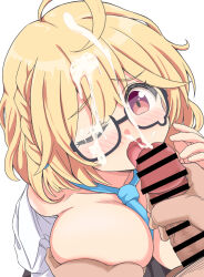 Rule 34 | 1boy, 1girl, ahoge, blonde hair, blue archive, breasts, cum, cum on eyewear, facial, glasses, grabbing, grabbing another&#039;s breast, highres, kotori (blue archive), large breasts, necktie, pc fworks, penis, red eyes, short hair, simple background, tongue, tongue out, white background