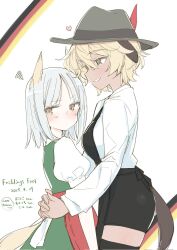 Rule 34 | 2girls, animal ears, aohashi ame, blonde hair, blush, brave witches, breasts, brown eyes, dated, dirndl, dog ears, dog tail, edytha rossmann, feathers, german clothes, german flag, hat, highres, hug, looking at another, multiple girls, short hair, simple background, small breasts, smile, tail, waltrud krupinski, white background, white hair, world witches series, yuri