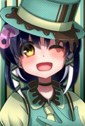 Rule 34 | 1girl, african penguin (kemono friends), black hair, chocolate, choker, gloves, hat, highres, hikarikmy, kemono friends, kemono friends v project, long hair, looking at viewer, necktie, one eye closed, open mouth, penguin girl, ribbon, shirt, simple background, solo, virtual youtuber, yellow eyes