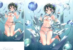 Rule 34 | 1girl, absurdres, bare shoulders, bikini, black hair, blue eyes, blue flower, blush, breasts, cleavage, cowboy shot, earrings, fish, flower, futaba miwa, gluteal fold, hair flower, hair ornament, highres, huge filesize, jewelry, long hair, looking at viewer, medium breasts, navel, off shoulder, open clothes, original, scan, side ponytail, sidelocks, signature, smile, solo, standing, stomach, swimsuit, thighs, white bikini, wide sleeves, wind chime