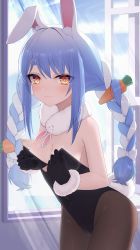 Rule 34 | 1girl, absurdres, animal ear fluff, animal ears, bare shoulders, black gloves, black leotard, blue hair, blush, bow, braid, breasts, brown pantyhose, carrot hair ornament, cleavage, closed mouth, covered navel, day, food-themed hair ornament, fur-trimmed gloves, fur collar, fur trim, gloves, hair bow, hair ornament, highres, hololive, indoors, leaning forward, leotard, looking at viewer, multicolored hair, open window, pantyhose, playboy bunny, rabbit-shaped pupils, rabbit ears, rabbit girl, rabbit tail, red eyes, small breasts, solo, strapless, strapless leotard, sunlight, symbol-shaped pupils, tail, tearing up, tears, thick eyebrows, thomas 8000, twin braids, two-tone hair, usada pekora, usada pekora (1st costume), virtual youtuber, white bow, white hair, window