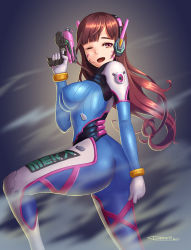 Rule 34 | 1girl, ;d, arm at side, ass, bodysuit, breasts, brown eyes, brown hair, covered erect nipples, d.va (overwatch), demon77, facial mark, from side, gloves, grey background, gun, headphones, highres, impossible clothes, long hair, looking at viewer, medium breasts, one eye closed, open mouth, overwatch, overwatch 1, pilot suit, smile, solo, swept bangs, thighs, weapon, whisker markings, white gloves