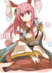 Rule 34 | 1girl, animal ears, bahamun, bare shoulders, blush stickers, bracelet, breasts, detached sleeves, highres, japanese clothes, jewelry, light purple hair, light smile, long hair, looking at viewer, medium breasts, rabbit ears, rabbit tail, red eyes, reisen udongein inaba, sitting, solo, tagme, tail, touhou, very long hair