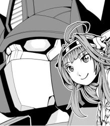 Rule 34 | 10s, 1980s (style), 1boy, 1girl, ahoge, autobot, bare shoulders, cropped, crossover, detached sleeves, double bun, greyscale, hairband, headgear, japanese clothes, kamizono (spookyhouse), kantai collection, kongou (kancolle), long hair, machine, machinery, md5 mismatch, mecha, monochrome, nontraditional miko, retro artstyle, optimus prime, resized, retro artstyle, ribbon-trimmed sleeves, ribbon trim, robot, science fiction, smile, transformers