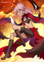 Rule 34 | 1girl, :d, boots, bridal gauntlets, brown eyes, brown footwear, brown shorts, cape, chloe von einzbern, cloud, cloudy sky, commentary request, dark-skinned female, dark skin, dual wielding, fang, fate/kaleid liner prisma illya, fate (series), hair between eyes, hands up, high heel boots, high heels, highres, holding, holding sword, holding weapon, kanshou &amp; bakuya (fate), knee boots, long hair, looking at viewer, navel, open mouth, outdoors, pink hair, shoe soles, shorts, sky, smile, solo, stomach, stomach growling, sword, ten-chan (eternal s), v-shaped eyebrows, watermark, weapon, web address