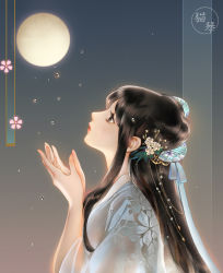 Rule 34 | 1girl, beads, black hair, blue ribbon, breasts, brown eyes, cupping hands, eyelashes, fingernails, floral print, flower, from side, full moon, gradient background, hair flower, hair ornament, hair ribbon, half updo, hands up, highres, long hair, long sleeves, looking away, looking up, medium breasts, moon, neihan miao laoshi, original, own hands together, profile, rain, red lips, ribbon, sidelocks, solo, straight hair, upper body, water, water drop, wet