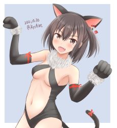 Rule 34 | 1girl, :d, ame-san, animal ears, bare shoulders, black gloves, black one-piece swimsuit, blue background, blush, breasts, brown eyes, brown hair, cat ears, cat tail, center opening, clenched hands, commentary, dated, dutch angle, earrings, elbow gloves, fake animal ears, fangs, fur-trimmed gloves, fur trim, gloves, hair between eyes, hair strand, halloween costume, highres, jewelry, kantai collection, looking at viewer, midriff, navel, one-piece swimsuit, open mouth, outside border, red ribbon, ribbon, sendai (kancolle), short hair, sideboob, small breasts, smile, swimsuit, tail, twitter username, two side up, underboob, v-shaped eyebrows, w arms