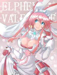 Rule 34 | 1girl, aqua eyes, breasts, bridal veil, character name, clover, dress, elphelt valentine, four-leaf clover, gloves, guilty gear, guilty gear xrd, hairband, juliet sleeves, large breasts, long sleeves, looking at viewer, mariebell, medium hair, pink hair, puffy sleeves, spiked hairband, spikes, veil, white dress, white gloves
