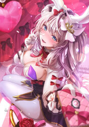 Rule 34 | 1girl, absurdres, animal ears, black bow, blue eyes, blurry, blurry foreground, blush, bow, bowtie, breasts, fake animal ears, fate/grand order, fate (series), flower, gloves, grey hair, grey pantyhose, heart, highres, leotard, long hair, marie antoinette (fate), medium breasts, open mouth, pantyhose, playboy bunny, rabbit ears, red bow, red bowtie, red flower, red rose, ribbon, rose, solo, totomiya, white gloves, white ribbon