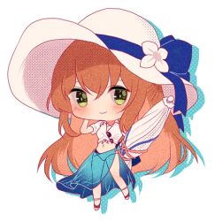 Rule 34 | 1girl, beach umbrella, bikini, blue sarong, blush, breasts, brown hair, chibi, cleavage, closed mouth, eyewear hang, flower, front-tie top, full body, girls&#039; frontline, green eyes, hair between eyes, hair rings, hand on own head, hand to own head, hat, hat flower, hat ribbon, long hair, looking at viewer, medium breasts, navel, official alternate costume, ribbon, sandals, sarong, see-through silhouette, shirt, silence girl, simple background, smile, solo, springfield (girls&#039; frontline), springfield (stirring mermaid) (girls&#039; frontline), stomach, sun hat, sunglasses, swimsuit, umbrella, unworn eyewear, white background, white hat, white shirt