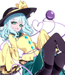 Rule 34 | 1girl, absurdres, adapted costume, black hat, black pantyhose, buttons, collared shirt, diamond button, frilled shirt collar, frilled skirt, frilled sleeves, frills, green eyes, green hair, green skirt, hashtag-only commentary, hat, hat ribbon, heart, heart of string, highres, koishi day, komeiji koishi, looking at viewer, medium hair, open mouth, pantyhose, raptor7, ribbon, shirt, simple background, skirt, sleeves past fingers, sleeves past wrists, smile, solo, thighband pantyhose, third eye, touhou, white background, wide sleeves, yellow ribbon, yellow shirt