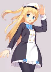 Rule 34 | 1girl, :o, arm up, bad id, bad pixiv id, black pantyhose, black shirt, black skirt, blonde hair, blue bow, blue bowtie, blue eyes, blush, bow, bowtie, breasts, cowboy shot, grey background, hat, long hair, long sleeves, looking at viewer, looking to the side, multicolored clothes, multicolored shirt, multicolored skirt, open mouth, original, pantyhose, peaked cap, salute, shirt, sidelocks, simple background, skirt, skirt set, small breasts, solo, standing, tareme, two side up, usagino suzu, white hat, white shirt, white skirt