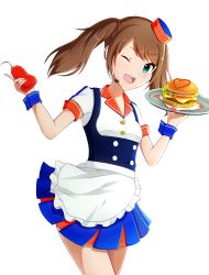 Rule 34 | 10s, 1boy, absurdres, apron, brown hair, burger, burger skater (idolmaster), carrying, cowboy shot, crossdressing, food, green eyes, happy, headset, highres, idolmaster, idolmaster side-m, jaki (n34k), ketchup bottle, long hair, looking at viewer, male focus, microphone, miniskirt, mizushima saki, one eye closed, open mouth, pleated skirt, short sleeves, simple background, skirt, smile, solo, standing, trap, twintails, underbust, waitress, white background, wink, wrist cuffs