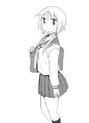 Rule 34 | 1girl, :d, bag, blush, commentary request, from side, grey background, greyscale, happy, ichii yui, katatsuka kouji, kneehighs, long hair, long sleeves, looking at viewer, low twintails, monochrome, open mouth, pleated skirt, sailor collar, school bag, school uniform, school uniform (yuyushiki), serafuku, shirt, shoulder bag, simple background, skirt, smile, socks, solo, standing, twintails, white background, yuyushiki