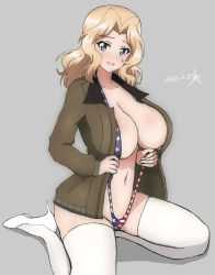 Rule 34 | 1girl, alternate breast size, american flag, american flag print, blonde hair, blue eyes, breasts, brown jacket, bukkuri, commentary request, dated, flag print, girls und panzer, grey background, hair intakes, high heels, highres, jacket, kay (girls und panzer), kneeling, large breasts, long hair, looking at viewer, navel, open mouth, signature, simple background, sitting, slingshot swimsuit, solo, stomach, swimsuit, thighhighs, white footwear, white thighhighs