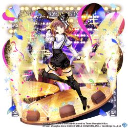 Rule 34 | 1girl, alternate costume, black footwear, black headwear, black skirt, black thighhighs, brown eyes, brown hair, closed mouth, commentary, confetti, copyright name, copyright notice, english commentary, full body, game cg, heart, juliet sleeves, long hair, long sleeves, looking at viewer, nishida satono, nishida satono (the all-too-dark backup dancers), puffy sleeves, rotte (1109), shirt, short hair with long locks, skirt, smile, solo, stage, stage lights, thigh strap, thighhighs, third-party source, touhou, touhou lostword, white shirt