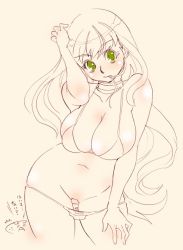 Rule 34 | 1girl, bikini, bikini pull, blush, breasts, cleavage, clothes pull, curvy, green eyes, hair in own mouth, large breasts, long hair, monochrome, no pussy, panties, panty pull, pink theme, solo, spot color, swimsuit, tsuutenkaaku, underwear, wide hips