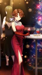 Rule 34 | 2girls, blurry, blurry background, blush, brown eyes, brown hair, christmas tree, closed mouth, cup, doukyuusei, doukyuusei another world, dress, drinking glass, earrings, elbow gloves, game cg, gloves, hair ribbon, jewelry, long dress, multiple girls, red dress, red gloves, ribbon, shingyouji reiko, short hair, side slit, sleeveless, sleeveless dress, smile, solo focus, standing, white ribbon
