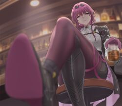 Rule 34 | 1girl, ankle boots, bar (place), blurry, boots, crossed legs, depth of field, glass, highres, honkai: star rail, honkai (series), kafka (honkai: star rail), long hair, looking at viewer, pantyhose, pink eyes, red hair, sitting, sunglasses on head, treadml