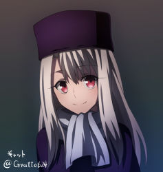 Rule 34 | 1girl, anime coloring, asymmetrical bangs, closed mouth, fate/stay night, fate (series), fur hat, grey background, grey scarf, gyatto624, hair between eyes, hair intakes, hat, illyasviel von einzbern, long eyelashes, long hair, looking at viewer, papakha, purple hat, red eyes, scarf, silver hair, smile, solo, twitter username, upper body