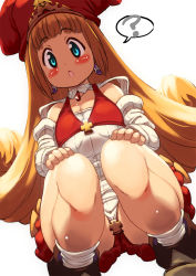 Rule 34 | 1girl, :o, ?, bare shoulders, blonde hair, blue eyes, blush, brown footwear, commentary request, cross, detached sleeves, dutch angle, earrings, fingernails, flipped hair, from below, gem, hands on own knees, hat, highres, jewelry, kururu (little princess), little princess, long hair, looking at viewer, marl kingdom, nippon ichi, open mouth, red hat, red shorts, shiny skin, short shorts, shorts, sidelocks, simple background, socks, solo, spoken question mark, squatting, white background, white socks, wide-eyed, yu 3