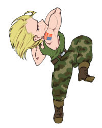Rule 34 | 1boy, american flag, american flag tattoo, bare shoulders, belt, blonde hair, blue eyes, boots, chibi, commentary request, dog tags, fighting stance, flattop, full body, green tank top, guile, male focus, military, muscular, muscular male, pants, short hair, shoulder tattoo, solo, street fighter, tanakalma, tank top, tattoo