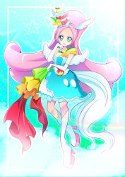 Rule 34 | 1girl, absurdres, animal ears, blue dress, blue hairband, boots, collarbone, cure parfait, dress, earrings, elbow gloves, full body, gloves, grey eyes, hairband, high heel boots, high heels, highres, jewelry, kirakira precure a la mode, layered dress, long hair, looking at viewer, mitsuki tayura, necklace, parted bangs, pink hair, precure, short dress, smile, solo, strapless, strapless dress, symbol-shaped pupils, thigh boots, v-shaped eyebrows, very long hair, white footwear, white gloves