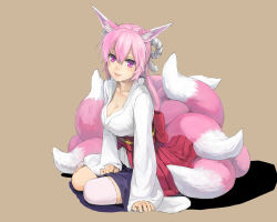 Rule 34 | 1girl, animal ears, arm support, asymmetrical clothes, breasts, cleavage, collarbone, fox ears, fox tail, highres, japanese clothes, kuroko (piii), large breasts, light smile, multiple tails, original, pink hair, purple eyes, shadow, simple background, sitting, solo, tail, thighhighs, yokozuwari