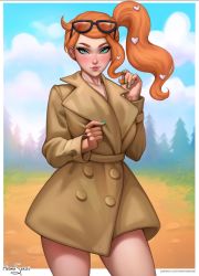Rule 34 | 1girl, aroma sensei, blush, brown coat, buttons, cloud, coat, commentary, creatures (company), day, eyewear on head, game freak, green eyes, green nails, hair ornament, heart, heart hair ornament, long hair, long sleeves, looking at viewer, nail polish, naked coat, nintendo, orange hair, outdoors, pokemon, pokemon swsh, side ponytail, signature, sky, smile, solo, sonia (pokemon), sunglasses, tree