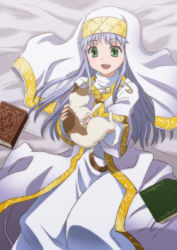 Rule 34 | 00s, 1girl, :d, bed sheet, book, cat, cloak, from above, green eyes, index (toaru majutsu no index), light purple hair, looking at viewer, lowres, lying, midori (searchlight), nun, on back, open mouth, outstretched arms, smile, solo, sphinx (to aru majutsu no index), sphinx (toaru majutsu no index), toaru majutsu no index, veil