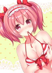 Rule 34 | 1girl, bikini, blush, bow, breast hold, breasts, collarbone, hair between eyes, hair bow, hairband, hasegawa urumi, heart, highres, kaitori oukoku, lolita hairband, looking at viewer, mascot, medium breasts, mouth hold, moyon, original, pink eyes, pink hair, short hair, simple background, smile, solo, striped bikini, striped clothes, swimsuit, two side up, upper body