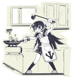 10s 1girl anchor anchor_symbol apron artist_name asymmetrical_legwear bad_food black_hair blush check_translation commentary_request cooking female_focus flying_sweatdrops food frown frying_pan gloves greyscale hair_ornament hair_ribbon isokaze_(kancolle) kantai_collection kitchen ladle long_hair monochrome open_mouth pleated_skirt ribbon school_uniform serafuku shuuzen_(shu-zen) skirt slippers solo translation_request tress_ribbon twitter_username uneven_legwear white_gloves