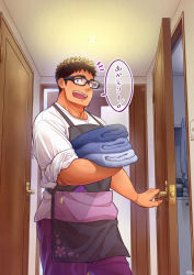 Rule 34 | 04sora40, 1boy, apron, brown hair, commentary, door, doorway, floral print, glasses, holding, holding towel, laundry, looking at viewer, male focus, open door, open mouth, opening door, pov doorway, shirt, shouting, surprised, t-shirt, towel, translated, washing machine, yaoi