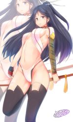 Rule 34 | 1girl, adapted costume, alternate breast size, asymmetrical sleeves, black hair, black thighhighs, blue eyes, blush, bow (weapon), breasts, choker, eyebrows, fingerless gloves, gloves, groin, hair ribbon, highleg, highleg panties, highres, holding, holding weapon, kantai collection, katsuragi (kancolle), long hair, looking at viewer, medium breasts, navel, osterei, panties, ponytail, red panties, revision, ribbon, sideboob, simple background, single glove, solo, stomach, tassel, thighhighs, twitter username, underwear, uneven sleeves, very long hair, weapon, white background, white ribbon, zoom layer