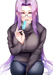 Rule 34 | 1girl, absurdres, black sweater, blue pants, blush, breasts, denim, fate/stay night, fate (series), food, forehead, glasses, highres, jeans, large breasts, len (hand linke), long hair, long sleeves, looking at viewer, medusa (fate), medusa (rider) (fate), open mouth, pants, parted bangs, popsicle, purple eyes, purple hair, seiza, sidelocks, sitting, smile, solo, sweater, turtleneck, turtleneck sweater, very long hair