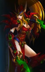 Rule 34 | 1girl, armor, blonde hair, blood elf (warcraft), boots, breasts, cleavage, dagger, dual wielding, elf, gauntlets, green eyes, high ponytail, holding, knee boots, knife, large breasts, leotard, long eyebrows, long hair, neo-tk.., pauldrons, pelvic curtain, pointy ears, shoulder armor, solo, tagme, thighs, valeera sanguinar, very long ears, warcraft, weapon, world of warcraft