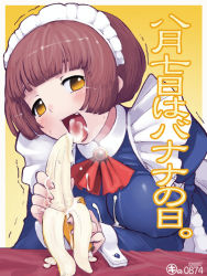 Rule 34 | 1girl, banana, banana day, blush, breasts, brown hair, copyright request, cum, cum in mouth, cum on clothes, date pun, fingernails, food, fruit, holding, holding food, holding fruit, juice, kei jiei, large breasts, leaning forward, looking at viewer, maid, maid headdress, naughty face, number pun, open mouth, orange eyes, sexually suggestive, short hair, smile, solo, suggestive fluid, translated, yellow eyes